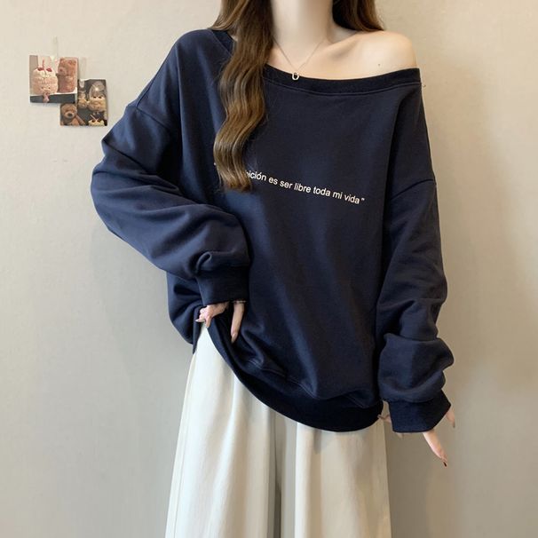 high-end One-shoulder Slanted Neck Sweatshirt For Women, Fleece-lined Thickened, Autumn And Winter Loose-fitting_ecoleips.com