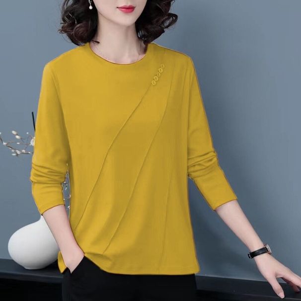 Long-Sleeved T-Shirt For Women, Loose In Autumn, Mom's Spring And Autumn Style, Belt-Covering Base Layer, Button-Up Top_ecoleips.com