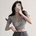 Women's Cross Front Low Cut V-Neck Slim Fit Cropped Tee, Convertible Backless Two-Way Stretch Top In Black And Gray_ecoleips.com