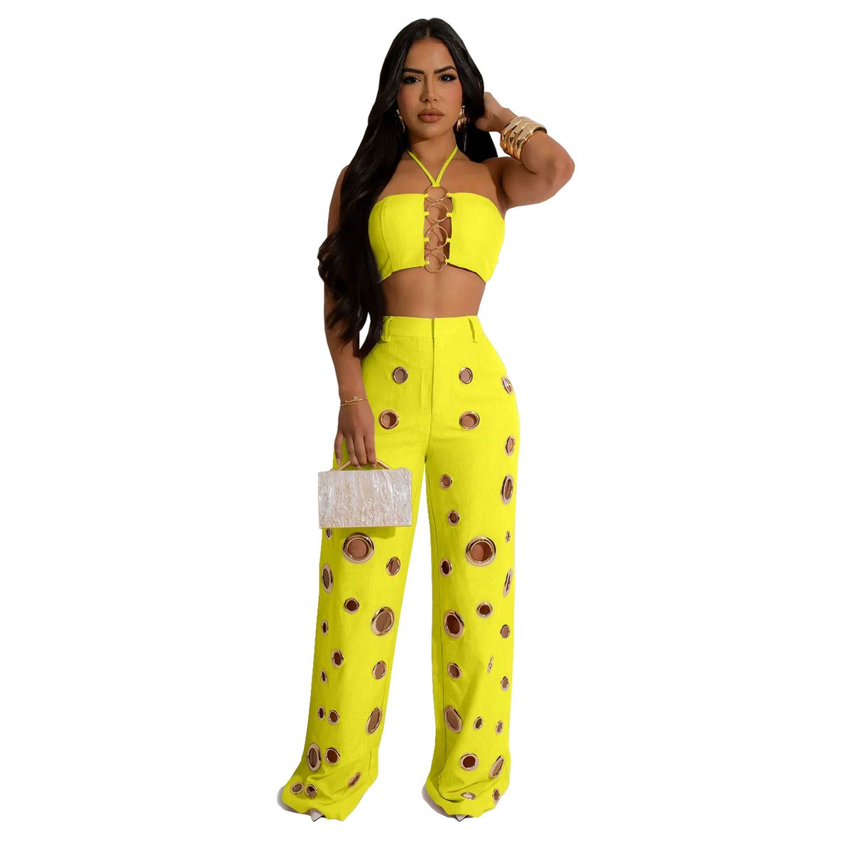 Women's Clothing Fashion Women's Clothing Sexy Eyelet Metal Buckle Trousers Two Piece Suit New_ecoleips.com