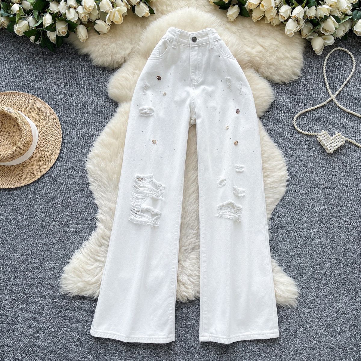 Women's Clothing Vintage White Jeans - High-Waisted Wide-Leg Distressed Denim Pants For A Retro-Chic Look (XS-2XL)_ecoleips.com