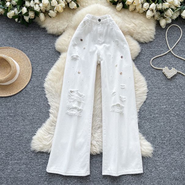 Women's Clothing Vintage White Jeans - High-Waisted Wide-Leg Distressed Denim Pants For A Retro-Chic Look (XS-2XL)_ecoleips.com