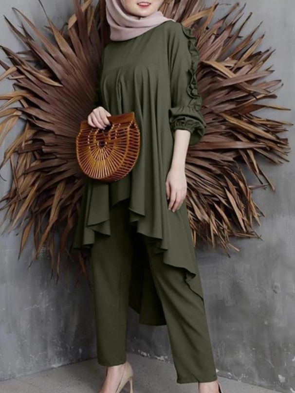 Middle East Muslim Casual Long Pants With Lace Sleeves And Short Tailcoat Daily Women's Set_ecoleips.com