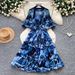 Floral Print Puff Sleeve Dress Women's Korean Style Retro Court Long Fairy Like Ruffled Tie Waist Dress_ecoleips.com