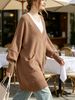 Coffee Brown Deep V Multi Pocket Pit Rib Knit Tunic Sweater, Oversized Loose Lightweight Breathable Soft Skin-touch Long Sleeve Pullover_ecoleips.com