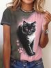 Two-Tone Women's Tee - Black & White Cat With Pink Eyes Graphic, Cute Paw Print Print Design For Casual Daily Wear_ecoleips.com