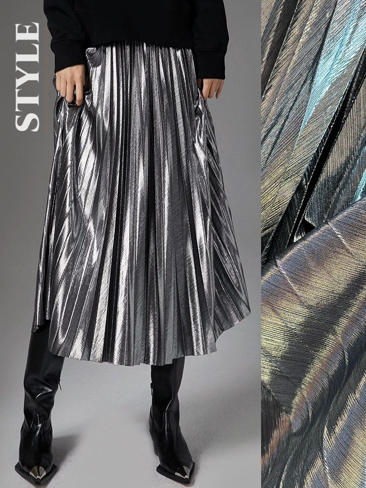 Verve Metallic Silk Pleated Midi Skirt For Women With A-Line Shape And Draping Effect_ecoleips.com