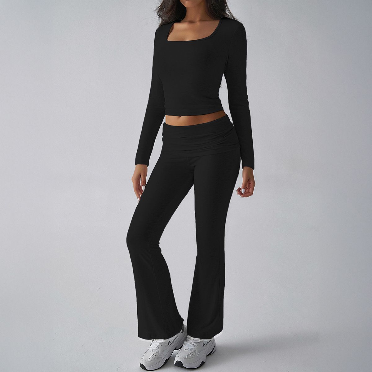 Voya Women's Foreign Trade Autumn Winter European And American Solid Color Casual Knitted Long Sleeve Top Two-piece Yoga Pants Set_ecoleips.com