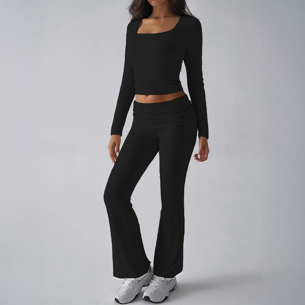 Voya Women's Foreign Trade Autumn Winter European And American Solid Color Casual Knitted Long Sleeve Top Two-piece Yoga Pants Set_ecoleips.com