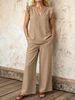 Women's Summer Casual Cotton Linen Pant Set V Neck Pullover Two Piece with Pockets European American Style_ecoleips.com