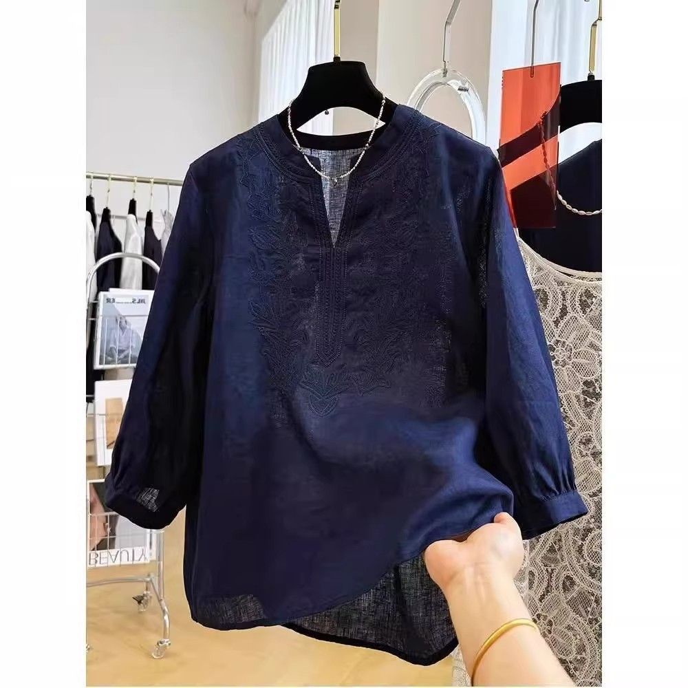 A Retro-Style, Heavy-Duty Embroidered Summer Cotton-Linen Shirt With Medium Sleeves; Designed For Casual Wear And Versat_ecoleips.com