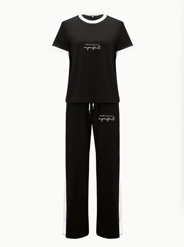 Women's Summer Fashionable Casual Cool Letter Print Short Sleeve Pants Set New 8002_ecoleips.com