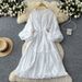 Ethereal French-Inspired White Dress – Ruffled Lace-Up Waist Midi Dress With 3D Floral Appliqués (White/Beige, One Size) | Romantic & Boho Chic_ecoleips.com