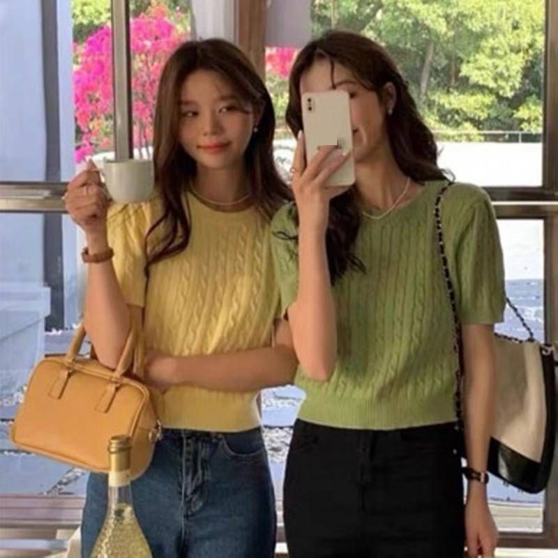 Women's Royal Blue Knit Top Round Neck Short Sleeved Soft Smooth Summer Korean Style Slim Fit Fashionable High Quality Live Stream_ecoleips.com