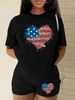 Summer Women's Casual Fashion American Flag Heart Graphic Print Loose T-shirt Shorts Two-piece Set Sportswear Suitable For Daily Wear-155_ecoleips.com