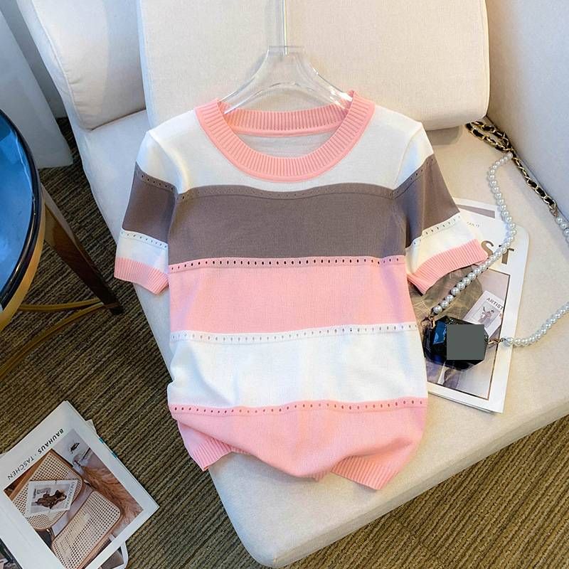 Women's Clothing Women's Ice Silk Knit Short Sleeve T-Shirt Striped Color-Block Round Neck Top Summer Autumn Collection_ecoleips.com
