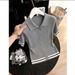 Women's Grey Collared Button Down Knit Top Short Sleeved Fashionable Slimming French Casual New Summer Style_ecoleips.com