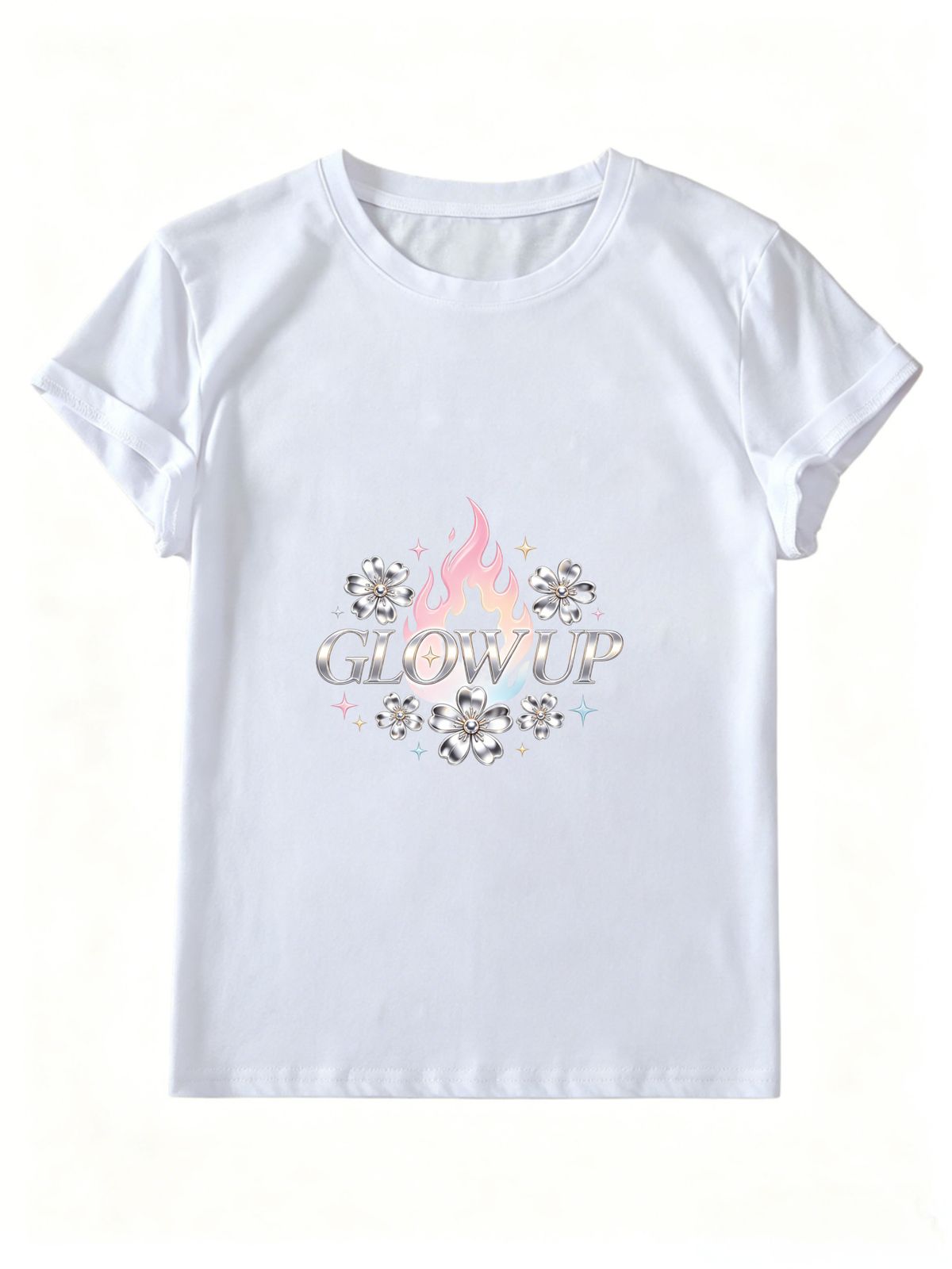 Women Y2K Chrome Glow Up Letter T-Shirt Pastel Flame Silver Flower Star Graphic Crew Neck Short Sleeve White Casual Tee_ecoleips.com