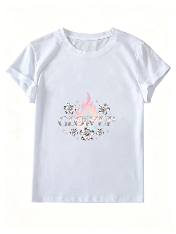 Women Y2K Chrome Glow Up Letter T-Shirt Pastel Flame Silver Flower Star Graphic Crew Neck Short Sleeve White Casual Tee_ecoleips.com