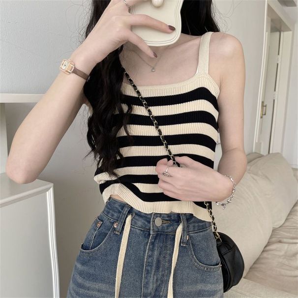 Striped Knitted Vest Women, Summer Sweet And Spicy Style, Korean Ins Fashion, Short Slim-fit, Can Be Worn As Outerwear,_ecoleips.com