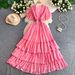 Elegant French Style Slim Fitting V Neck Dress Rhinestone Embellished Elastic Waist Cake Skirt Flattering Women's Dress_ecoleips.com