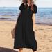 Women's Clothing New Solid Color V Neck Short Sleeved Loose Casual Long Women's Cotton And Linen Dress_ecoleips.com