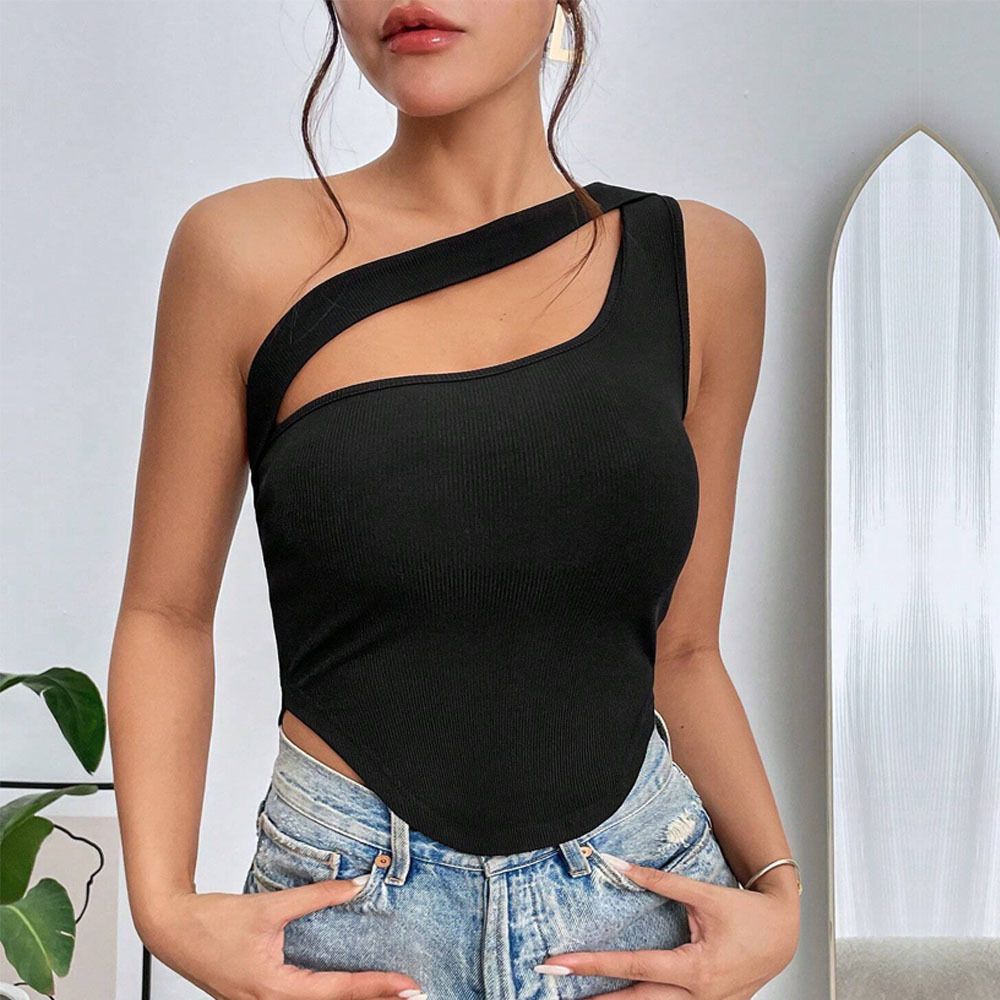 Women's Clothing New Slim Ultra Short Irregular Hem Oblique Shoulder Wrap Chest Vest Hollow Top_ecoleips.com