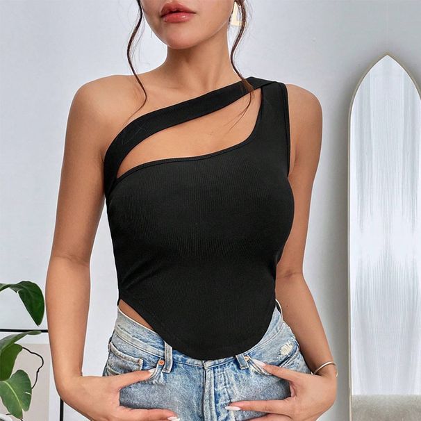 Women's Clothing New Slim Ultra Short Irregular Hem Oblique Shoulder Wrap Chest Vest Hollow Top_ecoleips.com