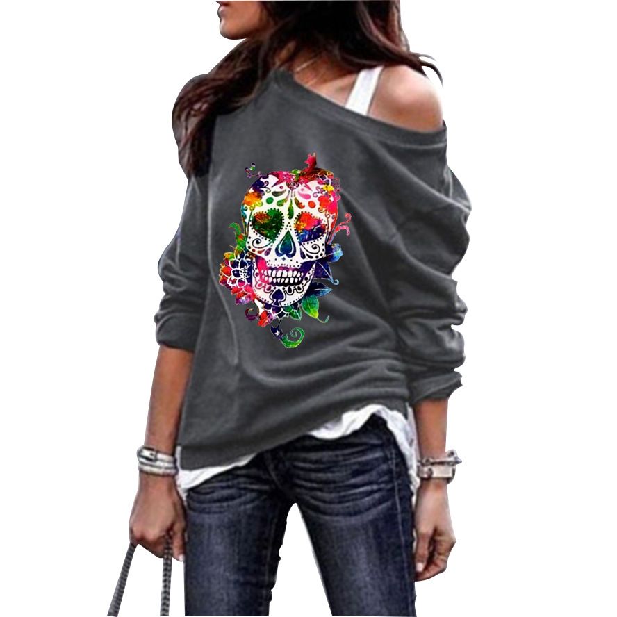 Autumn And Winter Women's Round Neck Sweatshirt With Skull Print Halloween Top_ecoleips.com