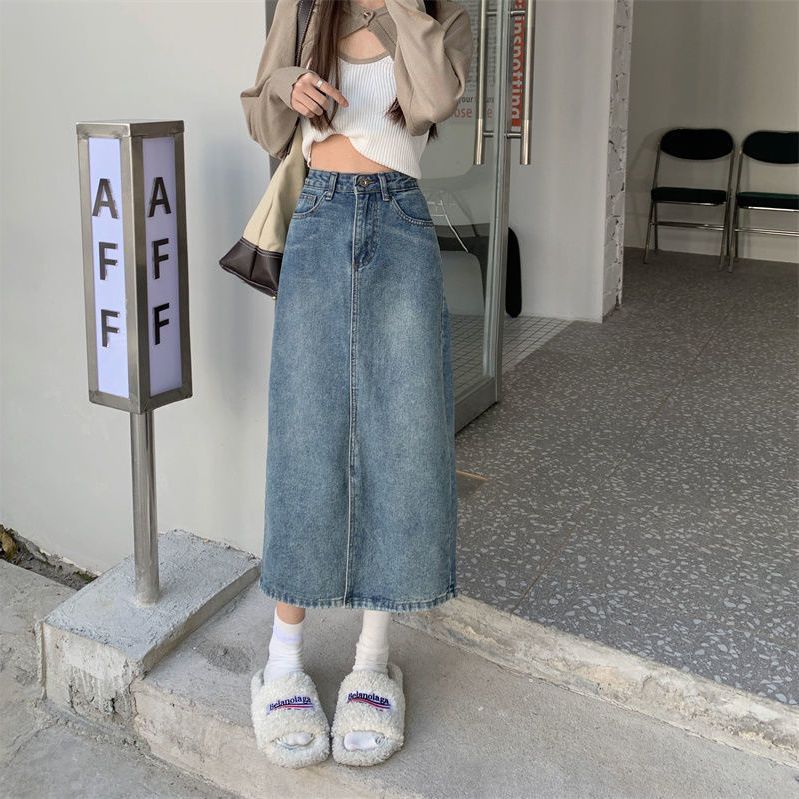 Verve Summer Korean Style INS High Waist Split Denim For Women Loose Slimming Mid-Length A-Line Pencil Skirt Trendy_ecoleips.com
