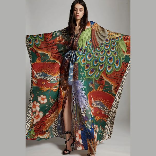 Women's Floral Kimono Beach Cover Up – Lightweight Sun Protection Robe, Bikini Wrap, Vacation Long Sleeve Shirt, Polyester Bathing Suit Sheer Wrap_ecoleips.com