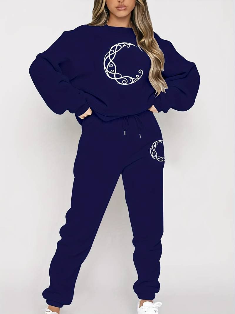 Women's Casual Two Piece Set Fleece Lined Thick Fashion Print European American Style Autumn Winter Clothing_ecoleips.com