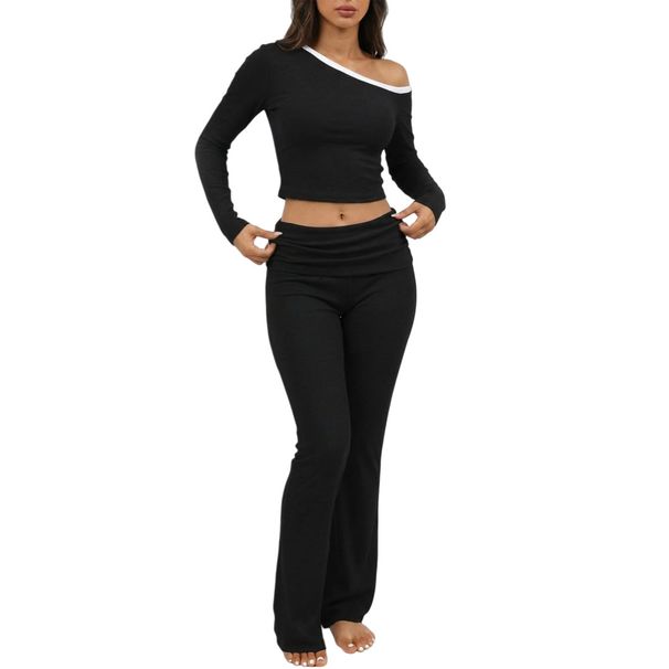 Women's Ribbed Off-Shoulder Top & High-Waisted Pants Set | Sexy Crop Top Casual Streetwear Two-Piece Outfit_ecoleips.com