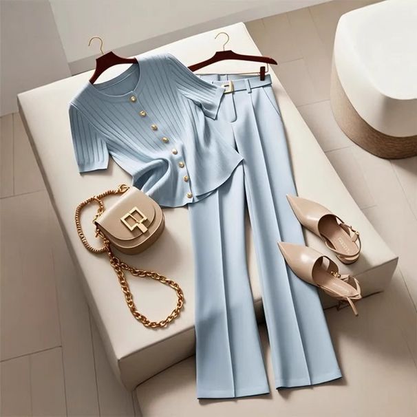 New High End Fashion 2 Pieces Set For Woman Elegant O-neck Short Sleeve Knitted Cardigan Top + High Waist Straight Pants Suit_ecoleips.com