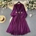 Women's Clothing Seaside Vacation Travel Photography Lantern Long Sleeves V Neck Waist Slimming A Line Chiffon Pleated Dress_ecoleips.com