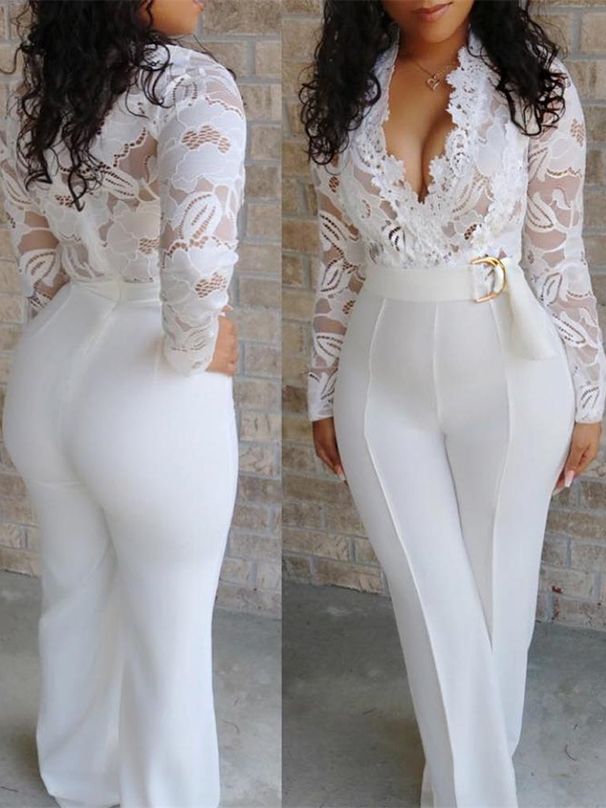 Women's Sexy Deep V White See-Through Lace Splicing Jumpsuit Casual Polyester Romper For Spring/Autumn_ecoleips.com