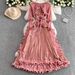 Women's Clothing Heavy Duty Gold Stamped Round Neck Dress For Ladies High End Three Dimensional Ruffled Long Waist Pleated Dress_ecoleips.com