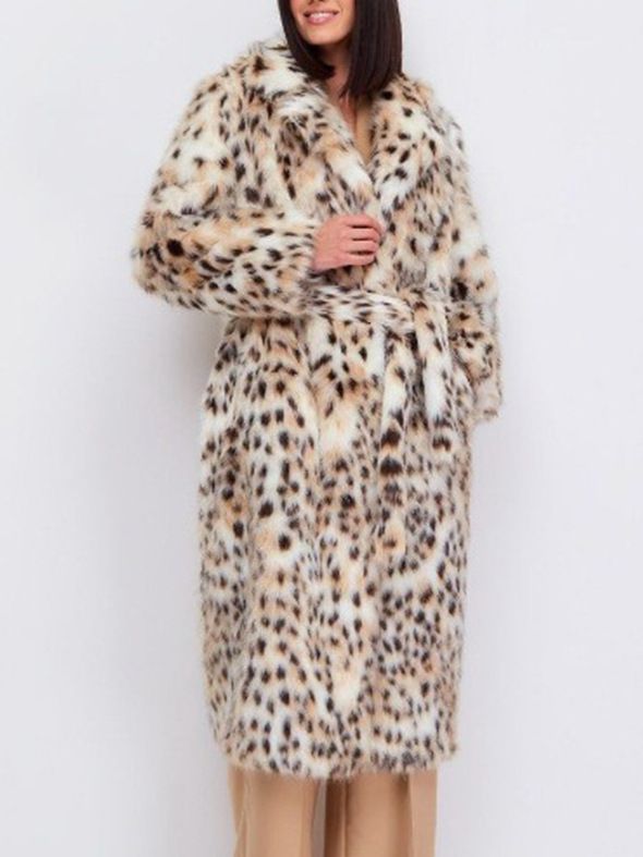 Women’s Leopard Print Faux Fur Coat – Long Winter Jacket With Belt & Suit Collar_ecoleips.com