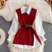 Long Sleeved Suit White Shirt Sweater Vest Age Reducing Loose Knitted Vest Shirt Two Piece Suit For Women_ecoleips.com
