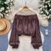 Women's Clothing Women's Off-Shoulder Long Sleeve Blouse Trendy Stylish Top With Tie Waist Lace Trim Cropped Design For Autumn_ecoleips.com
