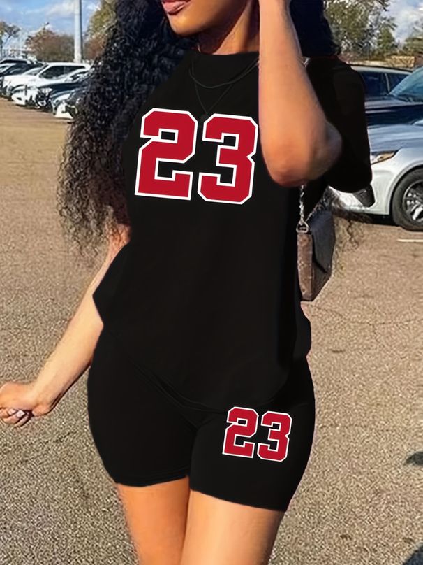 Summer Women's Casual Fashion Number 23 Print Loose T-shirt+shorts Two-piece Sportswear Suitable For Daily Wear-109_ecoleips.com