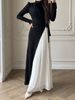 Women's Long Sleeve Color Block Pleated Dress Asymmetrical Two-in-One Design Clothing_ecoleips.com
