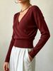 Burgundy Wine Deep V Wrap Pit Rib Knit Sweater, Loose Lightweight Breathable Soft Skin-touch Long Sleeve Slim Waist Pullover_ecoleips.com