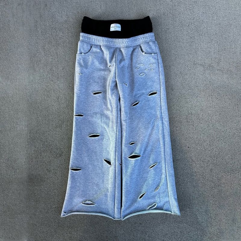 High Waist Men's Casual Pants European American Personality Design Ripped Stitching Double Waist Hip Hop Harajuku Straight Punk Style_ecoleips.com