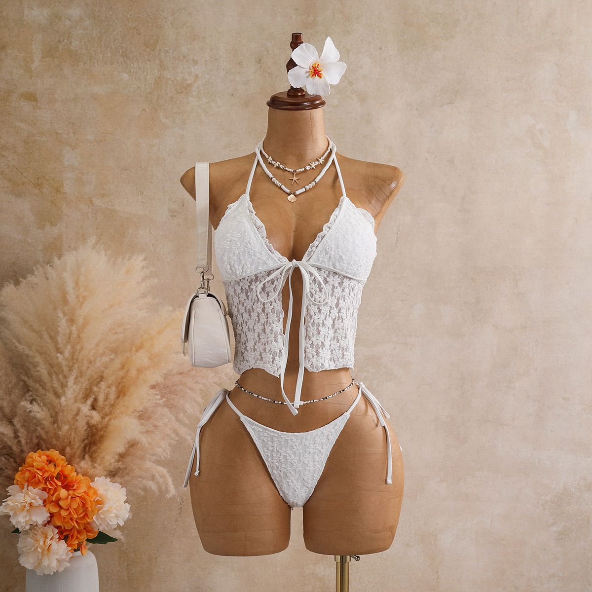 Lace Two Piece Halter Bikini European American Style Straps Push up Look Beach Swimsuit Women 2026 Cross Border_ecoleips.com