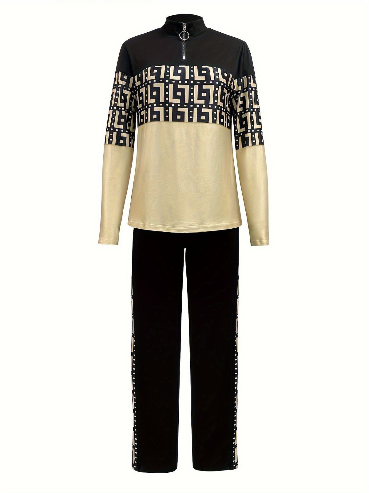 Women's Clothing Color Block Long Sleeve Top And Patchwork Trousers Set Fashion Outfit For Ladies_ecoleips.com