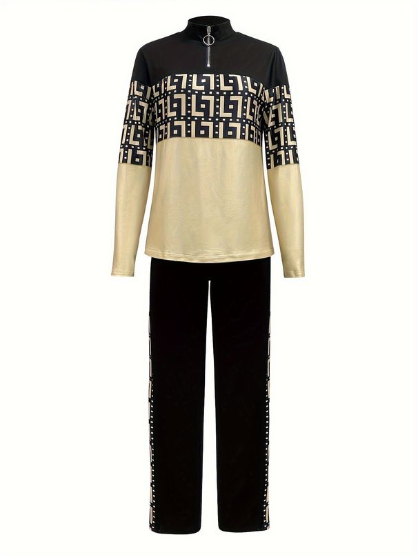 Women's Clothing Color Block Long Sleeve Top And Patchwork Trousers Set Fashion Outfit For Ladies_ecoleips.com