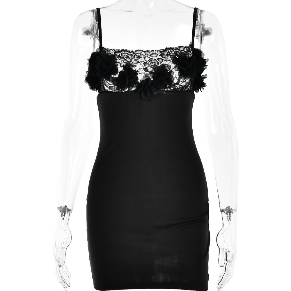 Women Trendy Street‑Style Mini Dress With Delicate Lace Patchwork, Spaghetti Straps & Open‑Back Detail_ecoleips.com