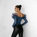 Women's Clothing Women's Blue Denim Top Off-Shoulder Button Decorated Shirt Ruffled Mesh Trim Spring/Autumn_ecoleips.com