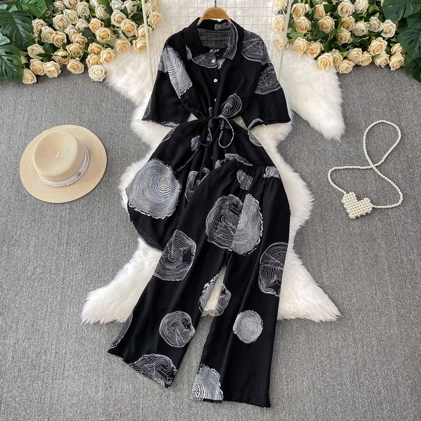 women's fashion two piece set printed shirt and shorts woven fabrics_ecoleips.com